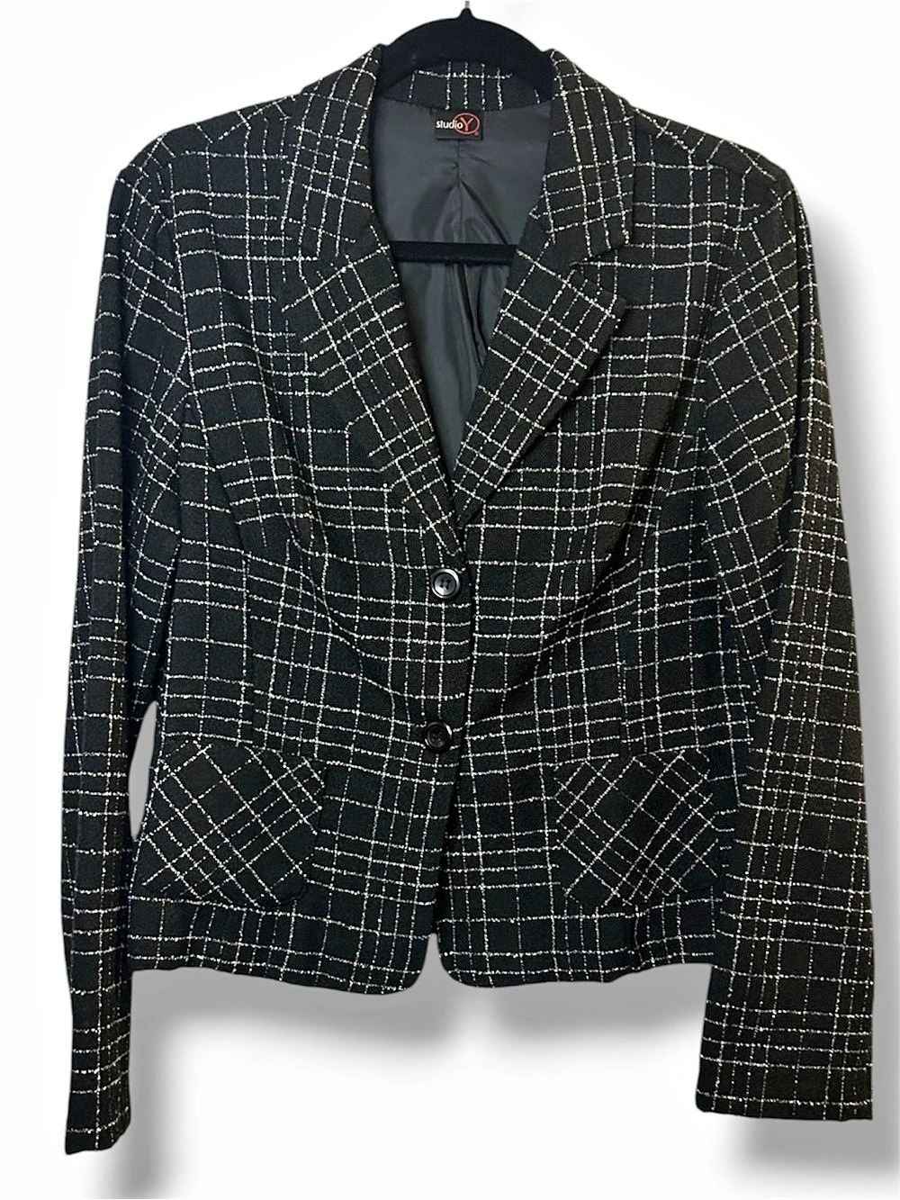 Studio Y Tweed Cropped Blazer Jacket Black White Plaid Grid Two Button Workwear